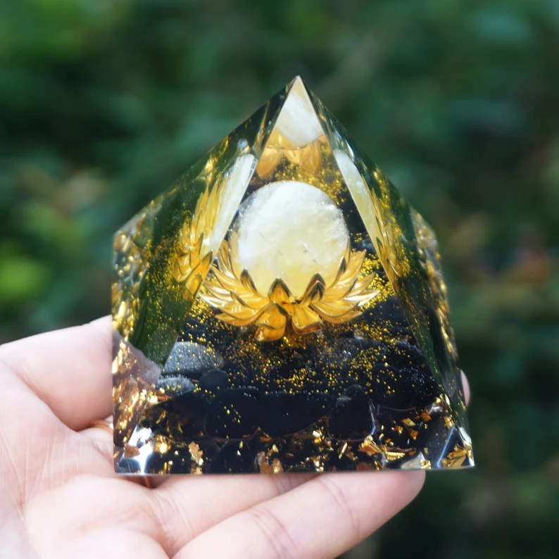 Citrine Crystal Sphere With Obsidian Quartz Pyramid